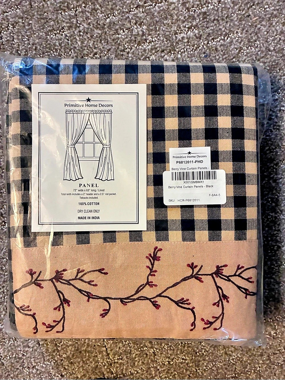 Primitive Home Decor Panel Plaid Embroidered Curtain NWT